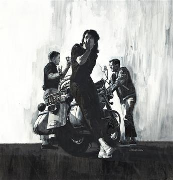 REN WICKS (1911-1988) Confrontation At The Motorscooter.